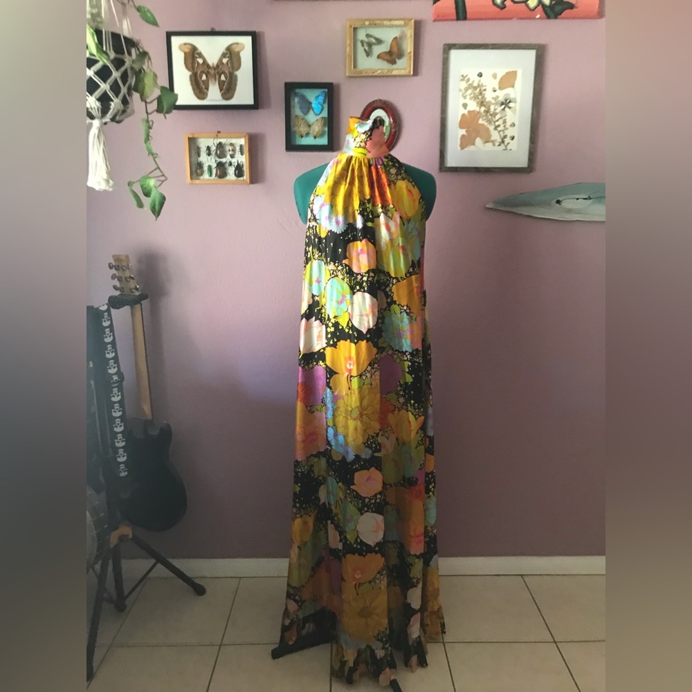 Vintage Shiny Floral Turtleneck Dress